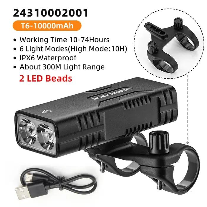 Lampe avant vélo ROCKBROS 2T6 LED super lumineuse avec 6 modes d'éclairage pour visibilité nocturne améliorée robuste et étanche pour cyclistes urbains et randonneurs