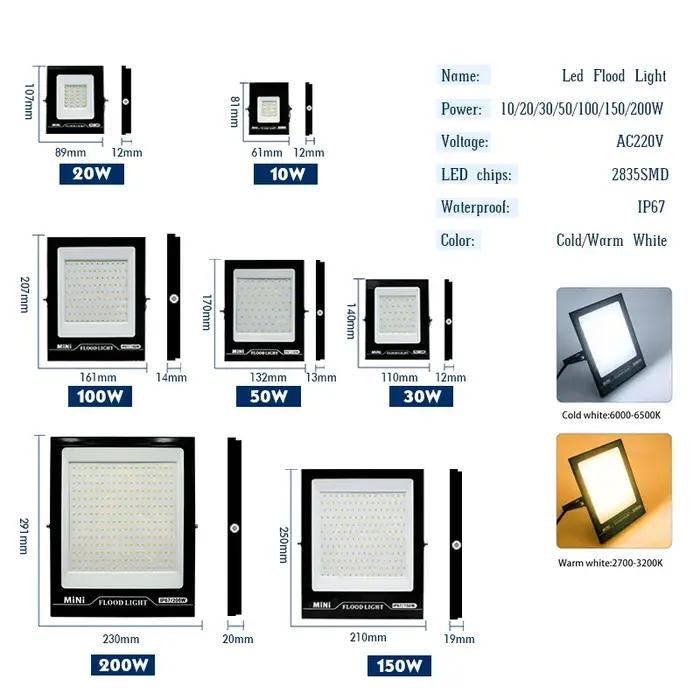 Projecteur LED 220V 10W 20W 30W 50W 100W 150W 200W IP67 Étanche pour l'extérieur, idéal pour l'éclai