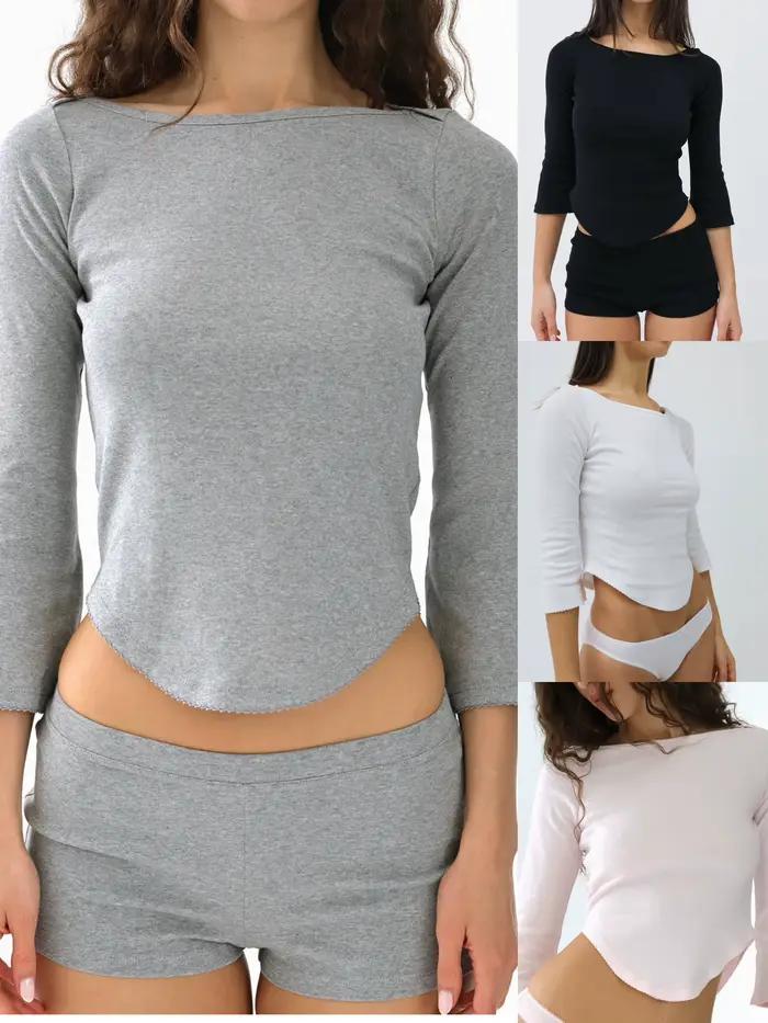 T-shirt rose à manches trois-quarts et col rond pour l'automne, haut gris à ourlet en V, haut blanc