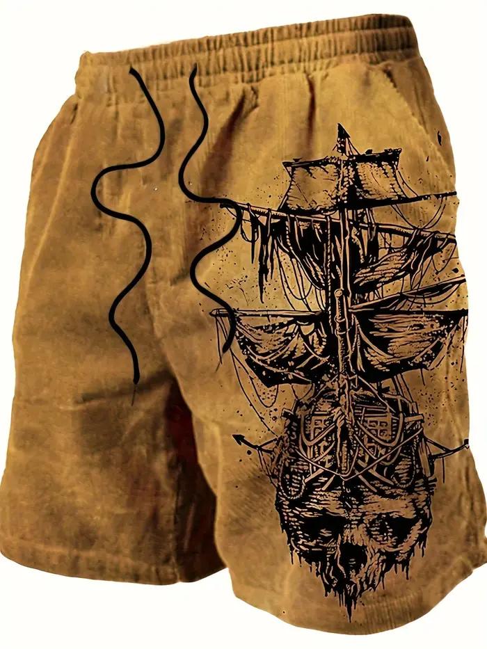 Short de bain pour hommes, séchage rapide, crâne de pirate, voilier, cordon de serrage, short de pla