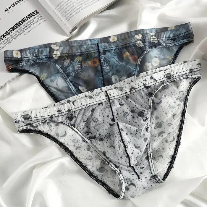 Sous-vêtements pour hommes en maille ultra-fine, imprimés, transparents, sexy avec poche en U, taille basse, confortables et respirants, polyesters et élasthanne, pour toutes les saisons