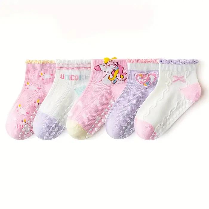 5 paires de chaussettes de sol pour enfants avec colle en dentelle, motif cœur licorne, garçons et f