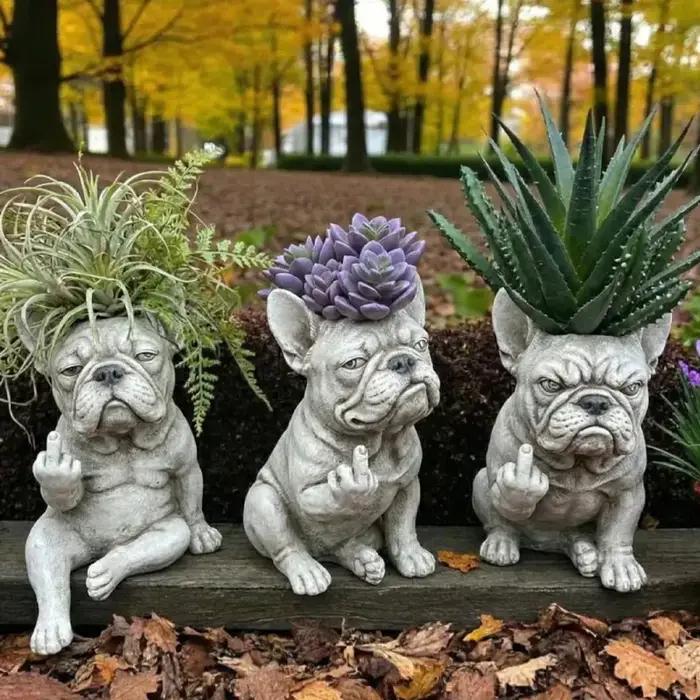 Pot de fleurs en résine en forme de bouledogue français avec doigt d'honneur pour succulentes et fleurs occasions spéciales décoration intérieure et extérieure