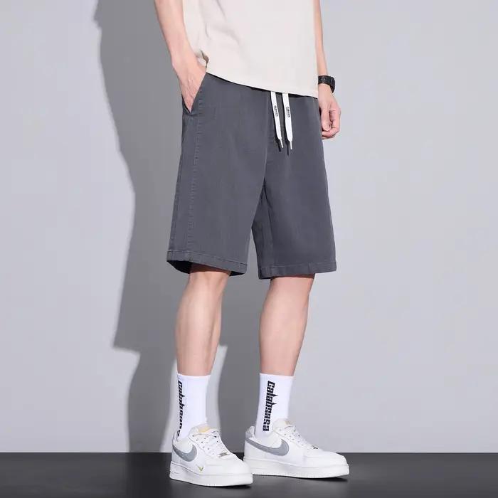 Shorts Cargo Décontractés en Jean Kaki pour Homme, Coupe Droite Ample, Taille Élastique, Longueur Mi