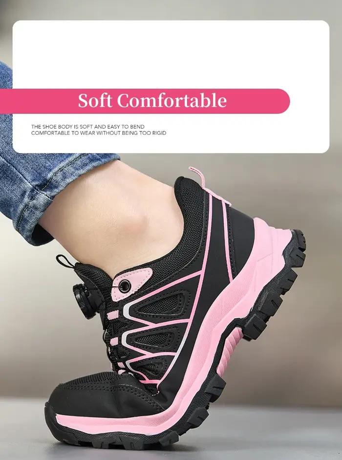 Chaussures de sécurité de travail pour femmes, baskets de travail à bout en acier, bouton rotatif, respirantes, antidérapantes, Protection anti-perforation, bottes de sécurité roses