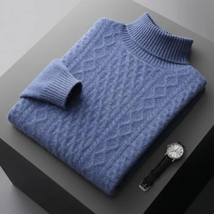 Nouveau automne et hiver 100% laine mérinos hommes col haut double brin épais jacquard pull pull tri