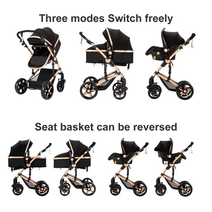 Poussette de luxe avec système de voyage pour bébé avec mousqueton et siège auto – Pliage rapide à u
