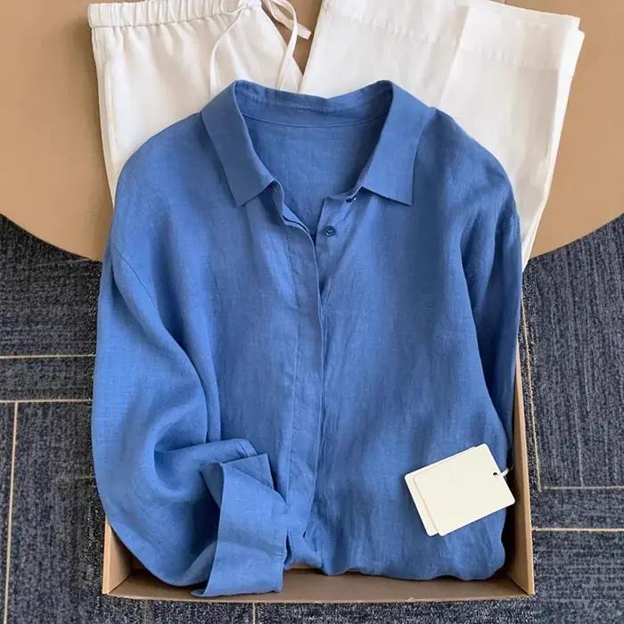 Chemise en lin français pour femmes, été, fin, ample, coton, lin, manches longues, Protection solaire, couleur Pure, haut boutonné pour femmes