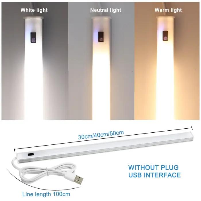 5V USB LED sous l'armoire cuisine lumières 3 couleurs 30/40/50cm main balayage capteur lampe haute l