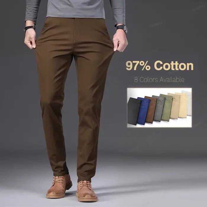Pantalon Chino Décontracté Homme Printemps-Été 97% Coton Taille Haute Élastique Coupe Droite Business Kaki Gris