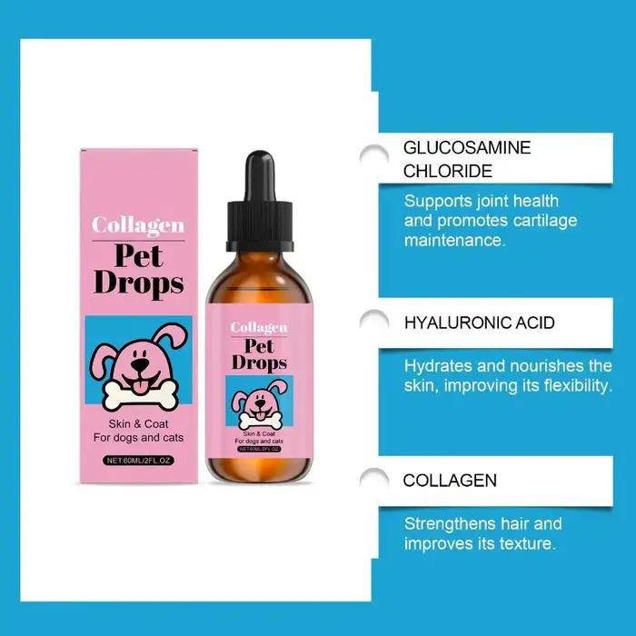 Gouttes de collagène pour animaux de compagnie 60 ml, complément pour la peau et le pelage des chiens et des chats, hydratant liquide, complément nutritionnel quotidien, fournitures pour chiens