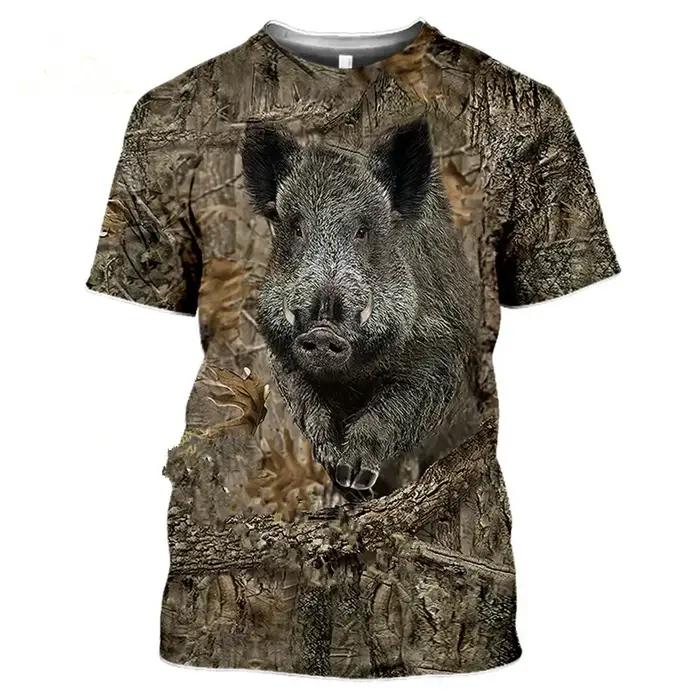T-shirt camouflage chasse homme animal sanglier 3d décontracté été printemps occasionnels pull à manches courtes polyester élasthanne extensible respirant séchage rapide