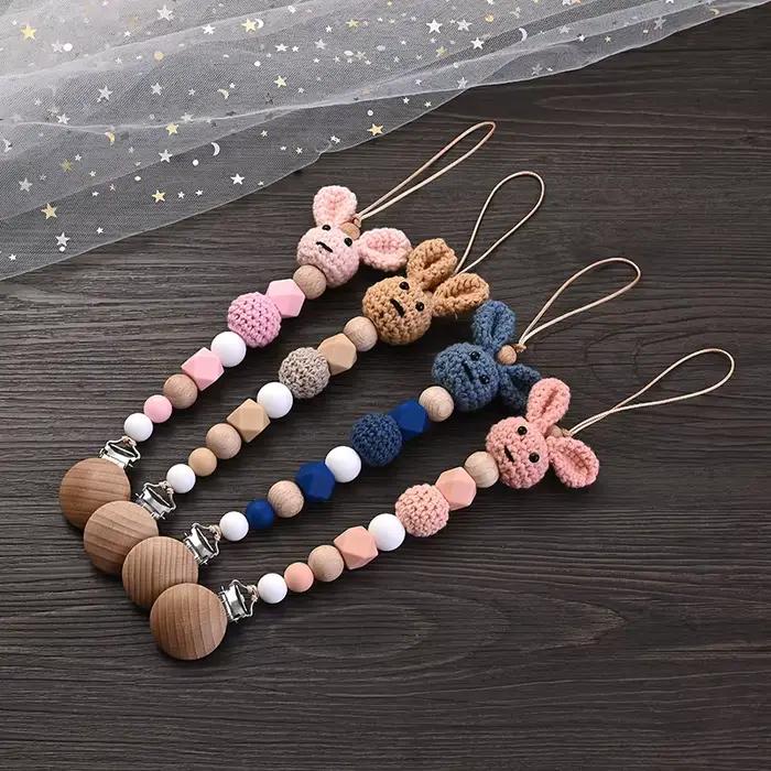 Clip de sucette en bois pour bébé, Crochet en bois, lapin, chaîne de sucette pour la dentition, joue