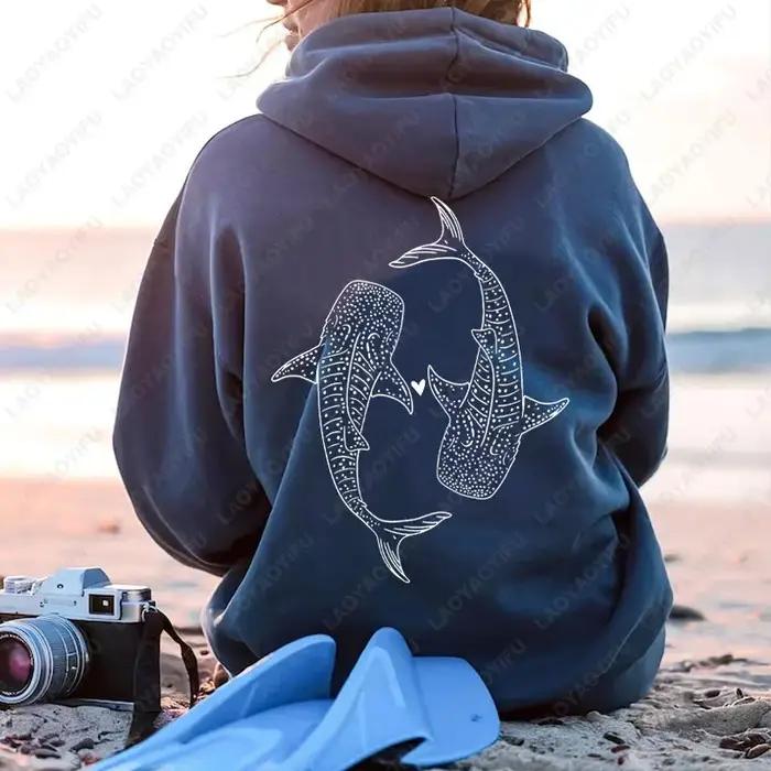 Baleine poisson vie marine pull à capuche pour les amoureux de l'océan hommes femmes cadeau plongée noix de coco plage fille automne mode sweat cadeaux