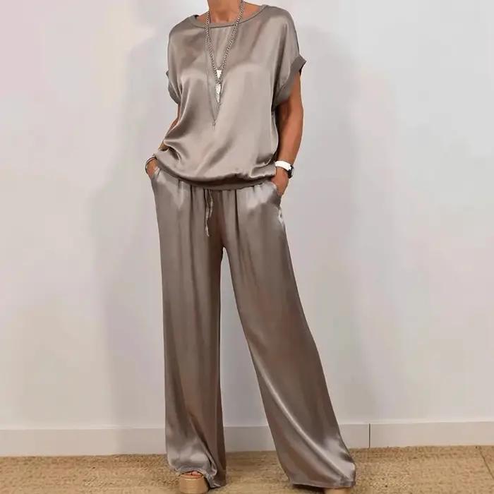 Ensemble deux pièces MAFIRRY décontracté col en V couleur unie manches longues jambes larges pantalon pour femmes occasions spéciales printemps été