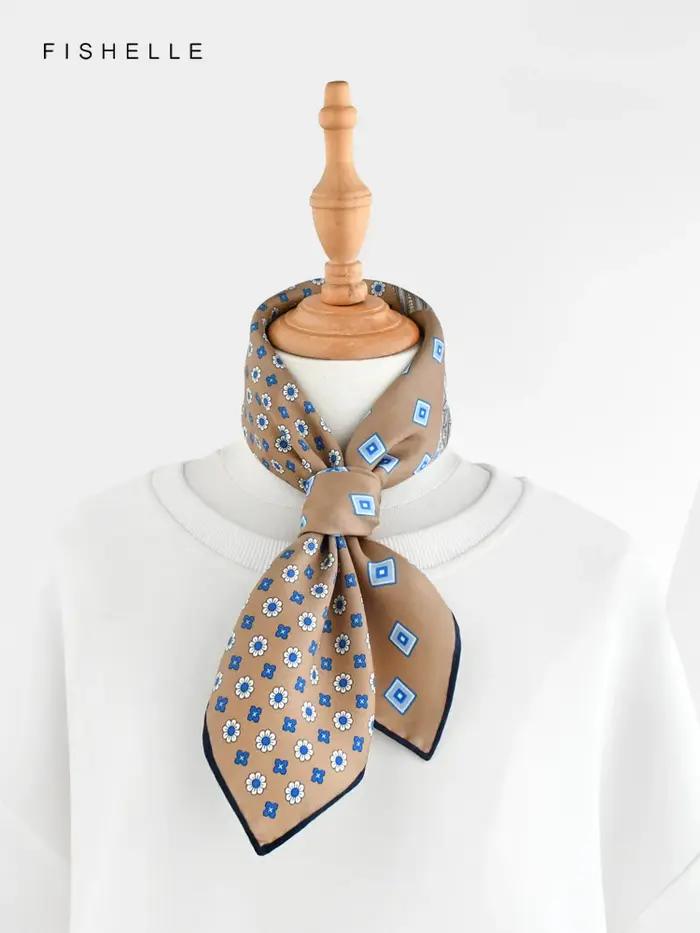Petit Foulard Carré en Soie Naturelle Patchwork de Couleur Camel, Hijab pour Femme et Homme, Cadeaux