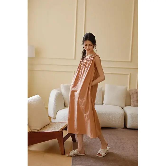Chemises de nuit en coton double couche de gaze pour femmes sans manches occasionnels de repos et de détente