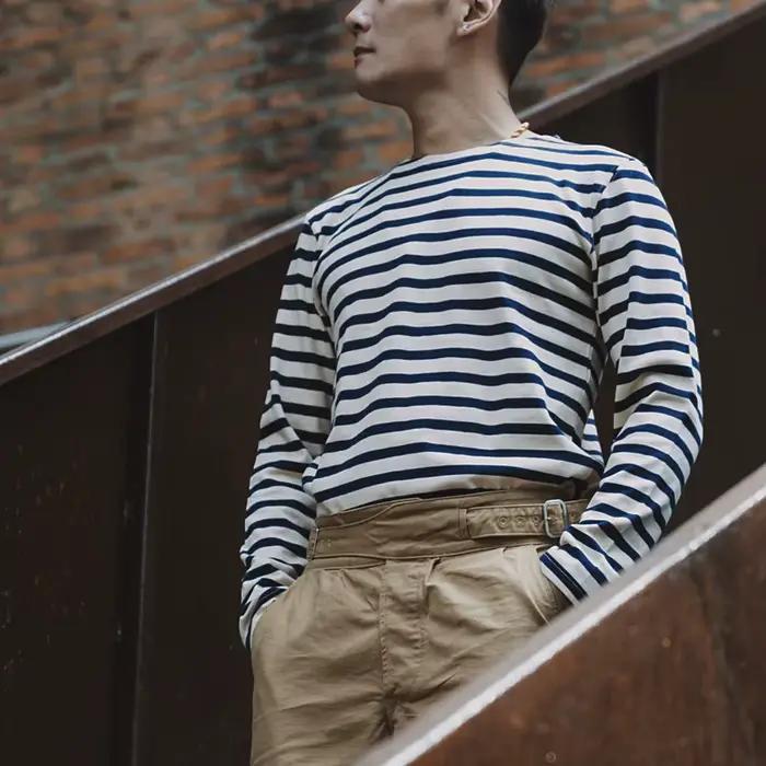 Chemise rayée vintage homme col rond décontracté hauts coton tricoté épais t-shirts printemps automne ocassions décontractées