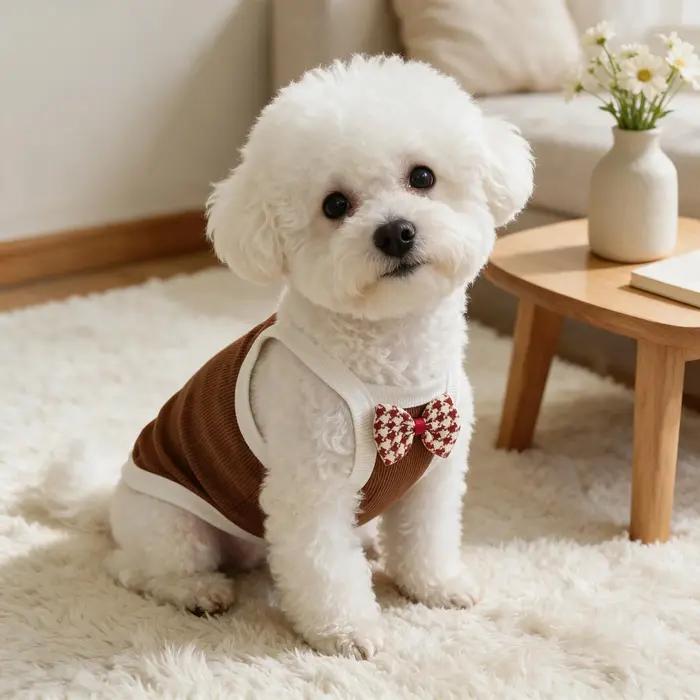 Débardeur côtelé sans manches pour chien, gilet pour animal de compagnie rouge à motif pied-de-poule avec nœud décoratif, vêtements d'été respirants pour chiots de petites races.