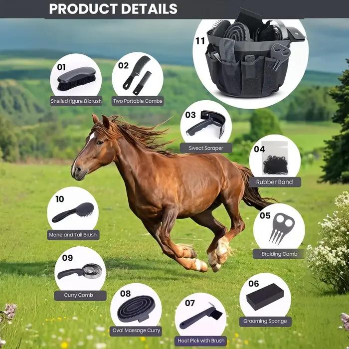 Kit de toilettage pour chevaux 11 pièces – Ensemble complet de brosses et d'accessoires pour le soin