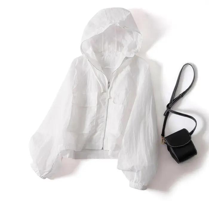 Vêtements de protection solaire anti-UV pour femmes, mode estivale, coupe ample, à capuche, fermeture éclair, vêtement décontracté fin avec petit imprimé