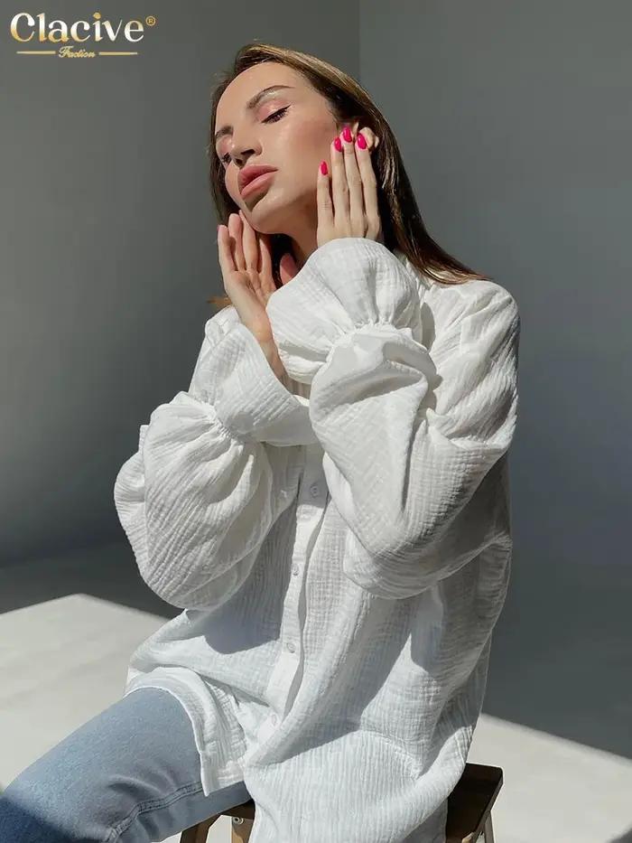 ClacMarkets-Chemisiers de bureau blancs pour femmes, chemises à manches longues à revers, haut chic