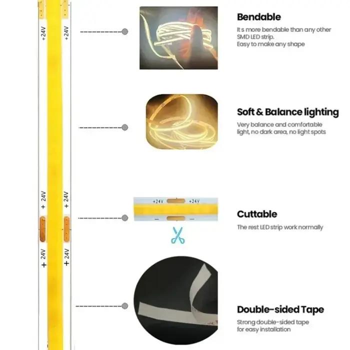 8mm Ultra mince DC 12 V/24 V coloré COB LED bande lumières pour la décoration intérieure voiture bri
