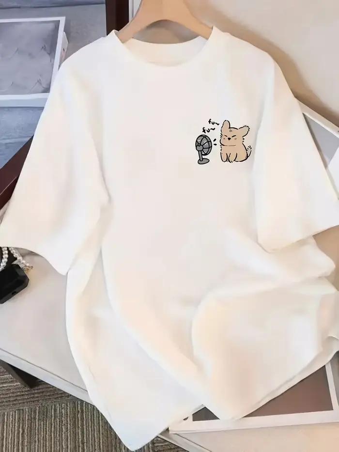 T-shirt à imprimé graphique chien mignon avec ventilateur, haut décontracté à manches courtes et col rond, tee-shirt streetwear tendance coupe ample pour l'été et le quotidien