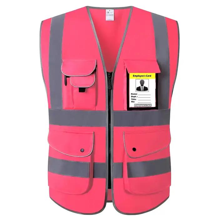 Gilet de travail rose pour hommes et femmes, gilet de sécurité haute visibilité avec poches et ferme