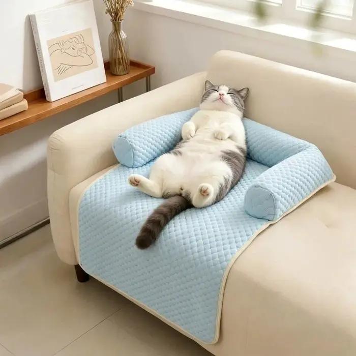 Canapé-lit pour chien respirant, tapis rafraîchissant pour chien, coussin de canapé pour chien amovible et antidérapant avec oreiller, coussin d'été confortable pour animaux de compagnie, pour intérie