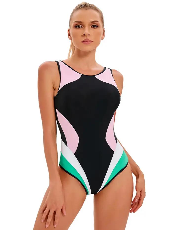 Nouveau Maillot de Bain Sportif Patchwork Couleurs 2026 pour Femme Grande Taille, Combinaison de Sur