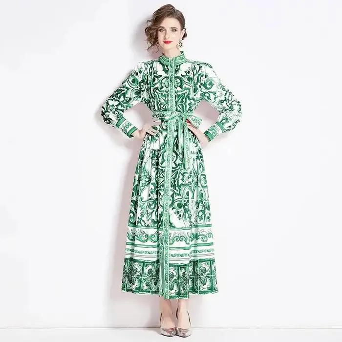 Robe longue en porcelaine à boutonnage simple pour femme, imprimé floral jaune, ceinture en dentelle