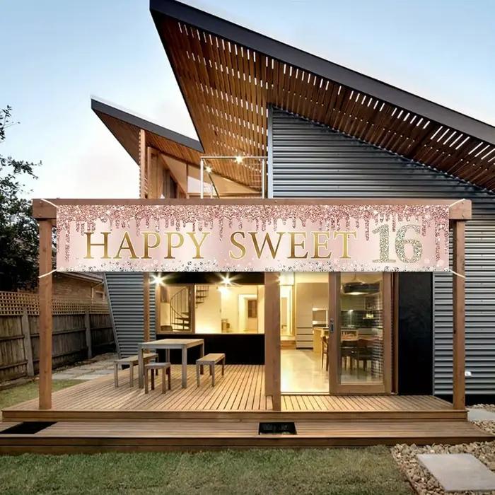 16e anniversaire "Banner Happy and Sweet Party – Décoration intérieure/extérieure en polyester, avec