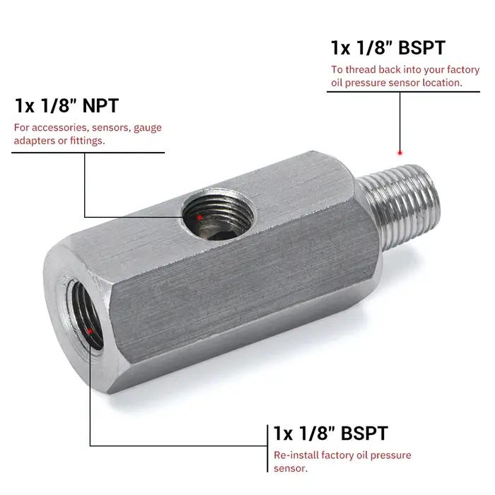 Capteur de pression d'huile BSPT en acier inoxydable, 1/8 pouces, adaptateur en T Sendor vers jauge