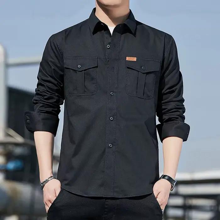 Chemise cargo homme en coton 100% style décontracté avec col rabattu pour les quatre saisons occasions quotidiennes et décontractées