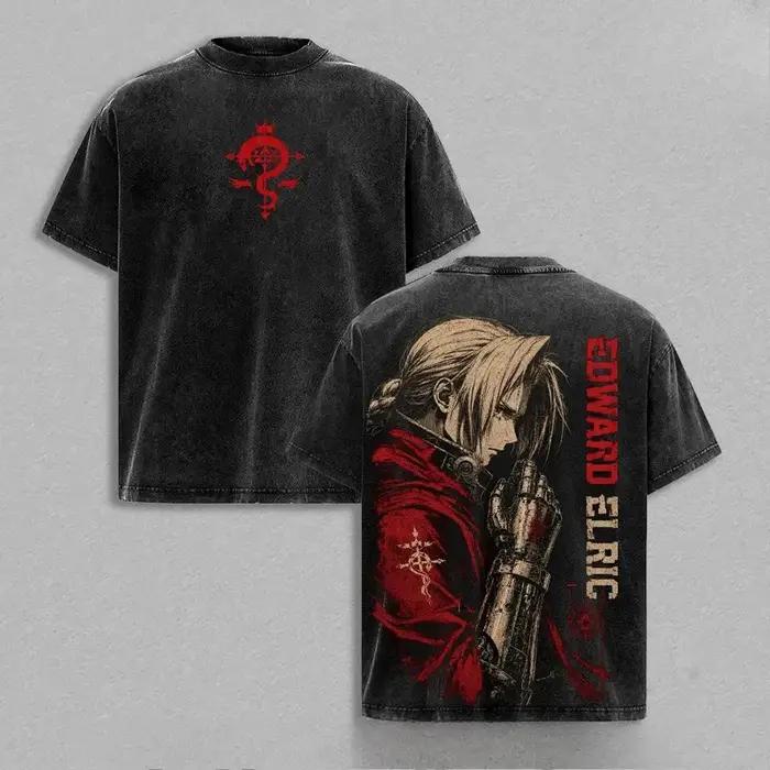 T-shirt Manga Fullmetal Alchemist Edward Elric pour Hommes et Femmes T-shirt Vintage Lavé Coton Décontracté Occasions Spéciales Casual