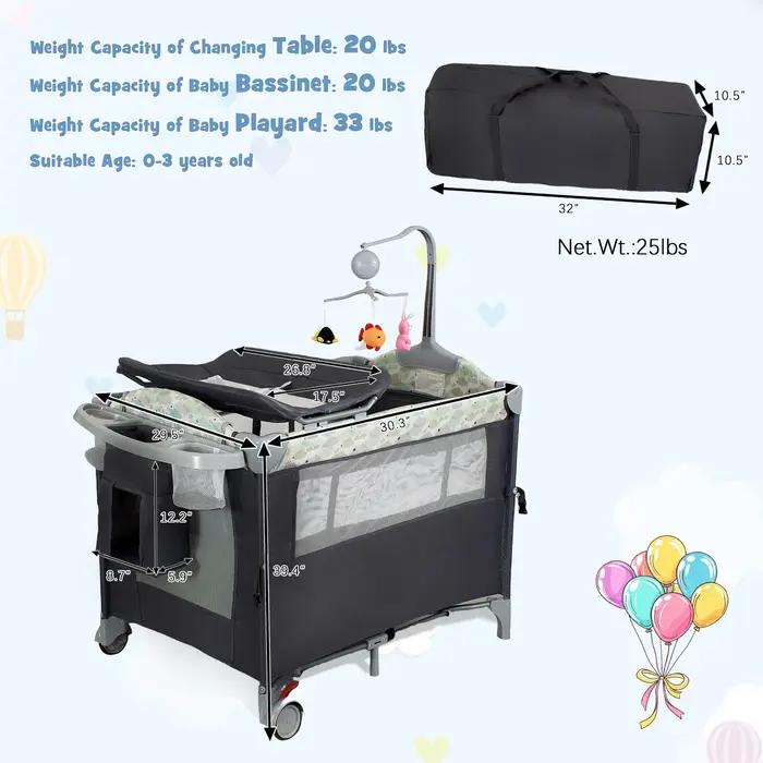 Pack n Play, parc pour bébé avec table à langer, roues verrouillables, boîte à musique, parc pliable