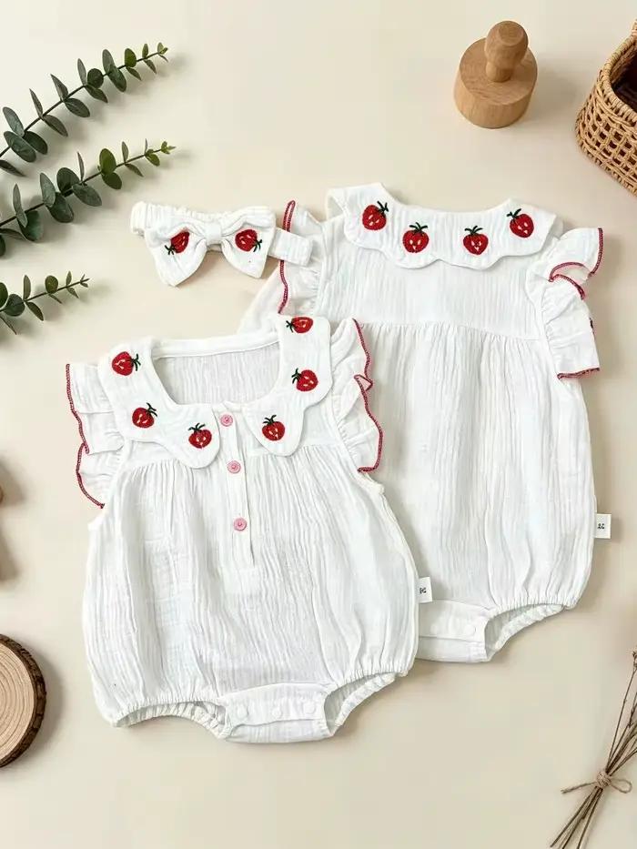 Combinaison en gaze de coton 100% avec motif fraises pour filles 0-24 mois été style mignon sans manches à volants pour photos et sorties familiales