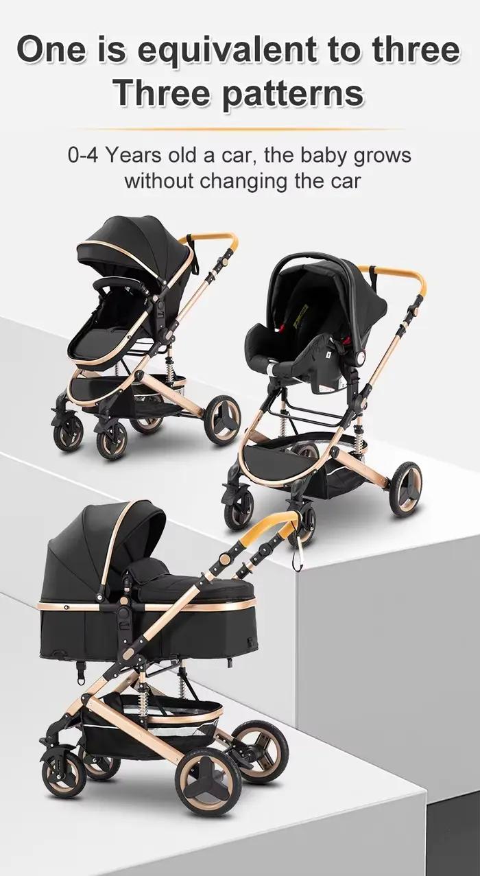 Poussette 3-en-1 pour bébé, compacte, tout-terrain, haute position, 4 roues, capacité 0-36 kg, pliab