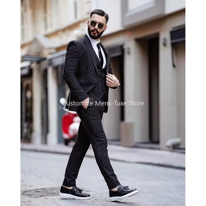 Costume noir à fines rayures pour hommes, ensemble blazer coupe couvertes, veste et pantalon, revers