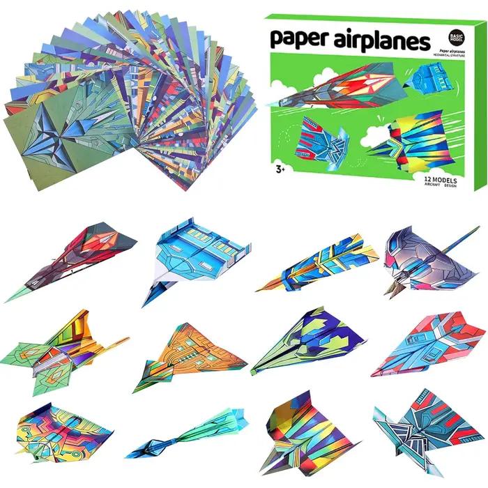Kit d'avions en papier de 12 styles, papier origami coloré, avion artisanal fait à la main, cadeau pour étudiants, garçons et filles