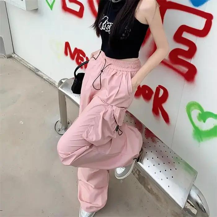 Y2K Parachute noir pantalon femmes Hippie Streetwear poches surdimensionnées Cargo