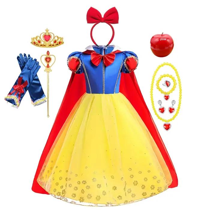 Robe de princesse blanche-neige en polyester et élasthanne pour filles, silhouette de bal, manches bouffantes, décoration arc, cosplay, événements spéciaux, occasions de jeu