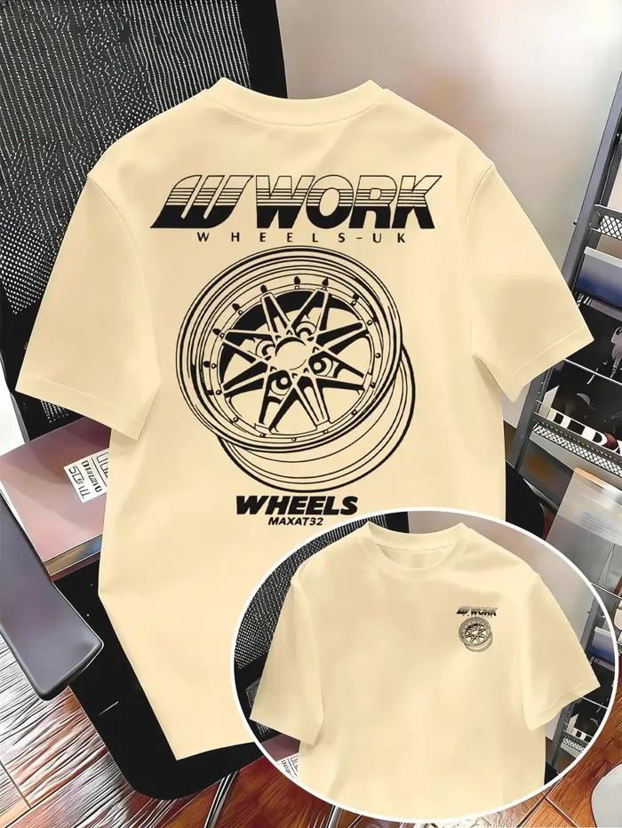 T-shirt pour homme avec imprimé motif roue de travail, T-shirt à manches courtes, décontracté, culture automobile JDM, style été, vêtements pour homme