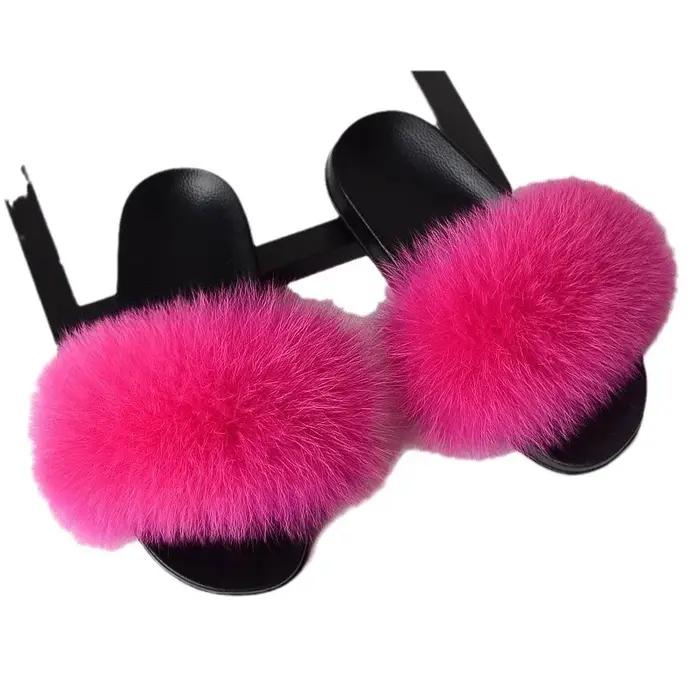 Pantoufles coulissantes chics en fourrure de renard | Design rose et noir, parfait pour les saisons intérieures et extérieures