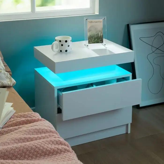 Ensemble de 2 tables de chevet LED avec 2 tiroirs, ensemble de 2 tables de chevet avec lumière LED,