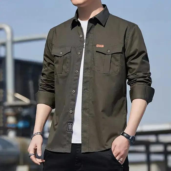 Chemise cargo homme en coton 100% style décontracté avec col rabattu pour les quatre saisons occasions quotidiennes et décontractées