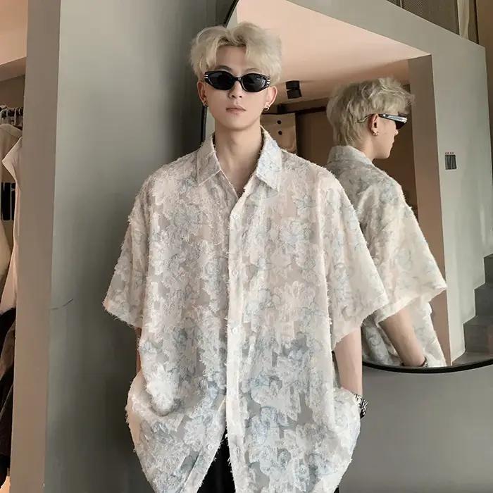 Chemises florales transparentes pour hommes, beau streetwear d'été fin, chemise adt décontractée, vêtements respirants à manches courtes, mode