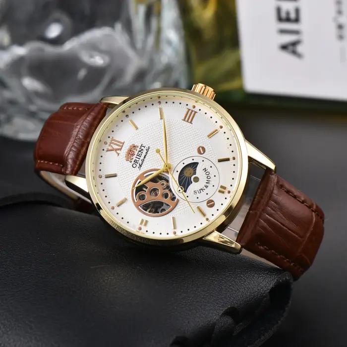 Montre automatique ORIENT homme phase lune squelette cadran or boîtier bracelet cuir noir mécanique