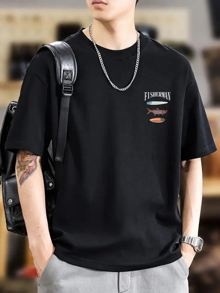 T-shirt graphique de collection de leurres de pêche en coton respirant, style pêcheur en plein air pour hommes, parfait pour l'été et le streetwear tendance